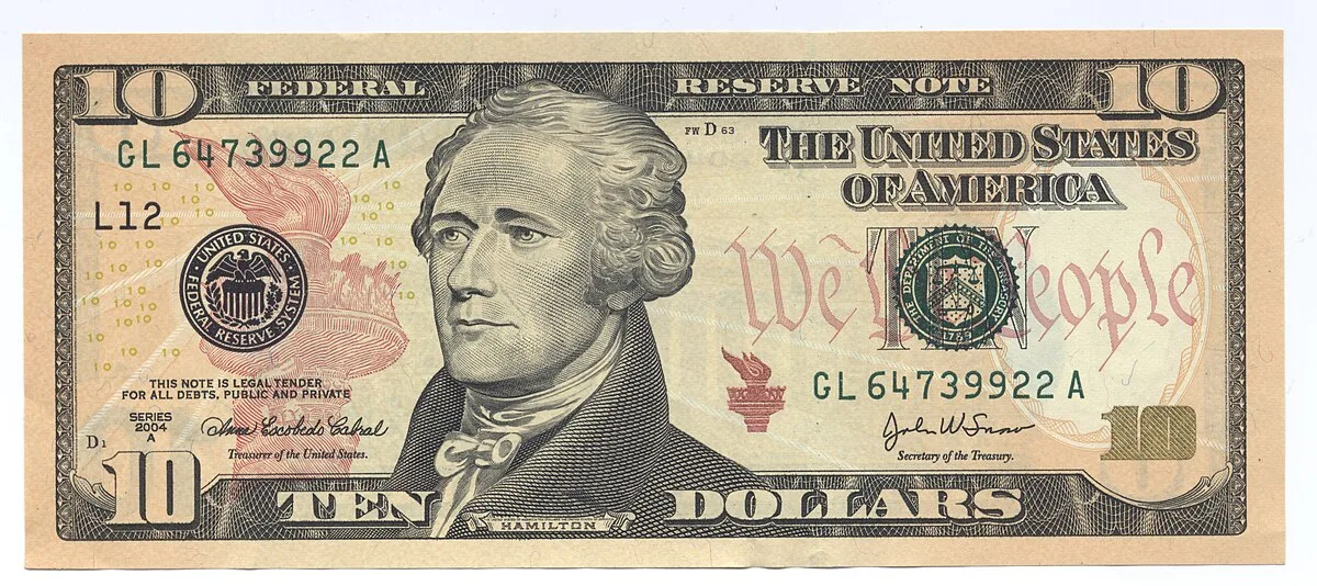 Obverse of the US 10 dollar bill showing Alexander Hamilton