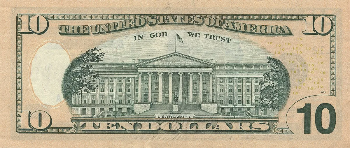 Reverse of the US 10 dollar bill showing the US Treasury Building