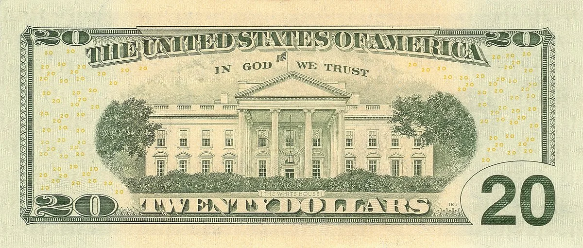 Reverse of the US 20 dollar bill showing the White House